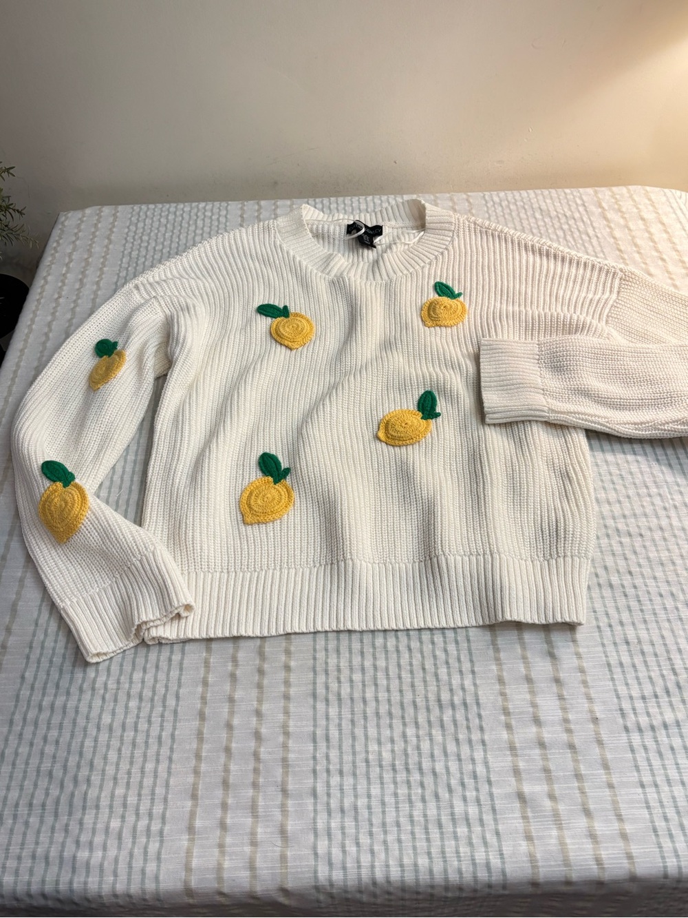 Cynthia Rowley Cream Knit Crewneck Sweater with Yellow & Green Fruit Motifs